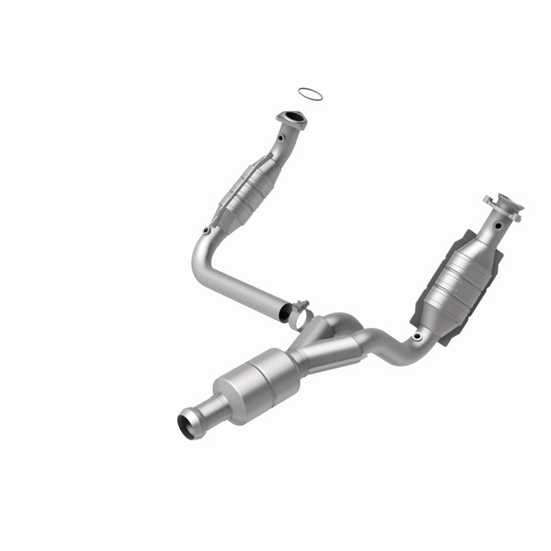MagnaFlow catalytic converter direct fit for Chevy Avalanche 5.3L, showing the chrome finish and mounting details.