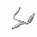 MagnaFlow catalytic converter direct fit for Chevy Avalanche 5.3L, showing the chrome finish and mounting details.