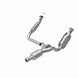 MagnaFlow catalytic converter direct fit for Chevy Avalanche 5.3L, showing the chrome finish and mounting details.