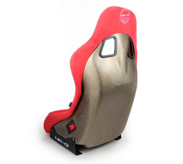 NRG FRP Bucket Seat ULTRA Edition in medium size with red Alcantara upholstery and pearlized back, racing seat for performance vehicles.