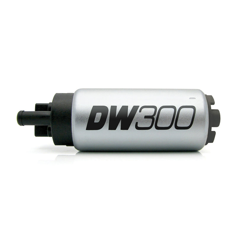 DeatschWerks DW300 series 340 LPH in-tank fuel pump installed in a vehicle with visible wiring and mounting components