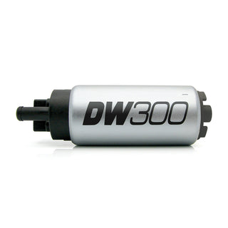 DeatschWerks 340 LPH DW300 series in-tank fuel pump for automotive fuel systems, shown installed in a vehicle.