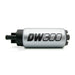 DeatschWerks DW300 series 340 LPH in-tank fuel pump installed in a vehicle with visible wiring and mounting components