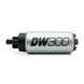 DeatschWerks DW300 series 340 LPH in-tank fuel pump installed in a vehicle with visible wiring and mounting components