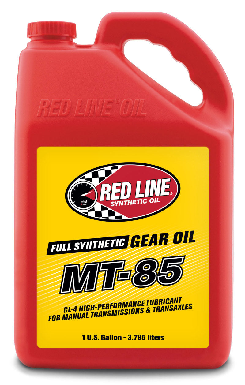 Red Line MT-85 75W85 GL-4 Gear Oil gallon container, showing the product label and packaging for automotive gear lubrication.
