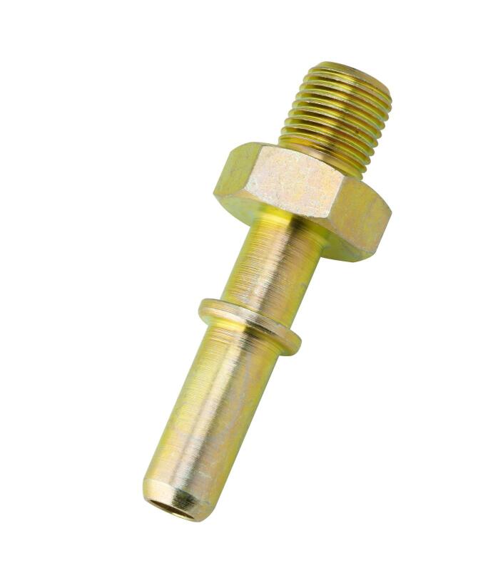 Walbro Bundy style fuel fitting showing metal construction and precise threading for secure fuel line connection.