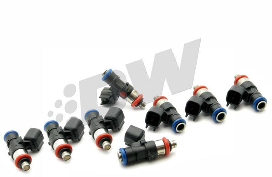 DeatschWerks Bosch EV14 Universal 40mm 90lb/hr fuel injector set for 8-cylinder engines, showing eight compact injectors.