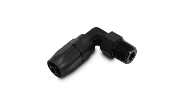 Vibrant Male NPT 90 Degree Hose End Fitting -10AN with 3/8 NPT threads, featuring a vibrant metal finish and precise machining.