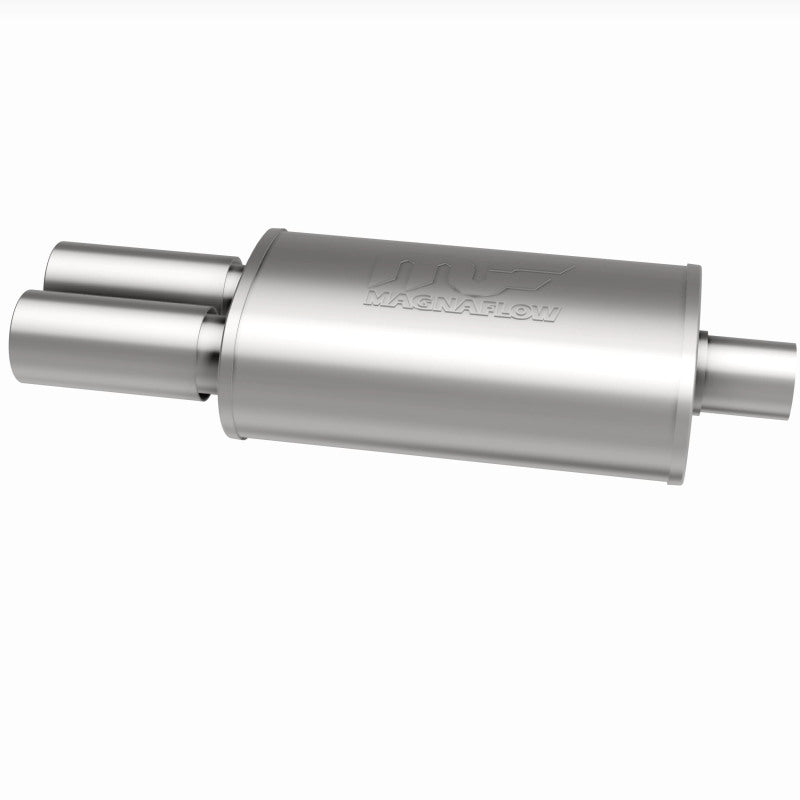 MagnaFlow stainless steel muffler with tip, 14x5x8 inches, featuring 2.25/3 inch inlet and outlet pipes, designed for vehicle exhaust systems.