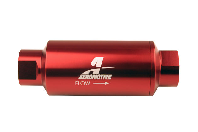 Aeromotive AN-10 inline fuel filter with red anodized finish and 10-micron microglass element for automotive fuel filtration.