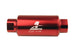 Aeromotive AN-10 inline fuel filter with red anodized finish and 10-micron microglass element for automotive fuel filtration.