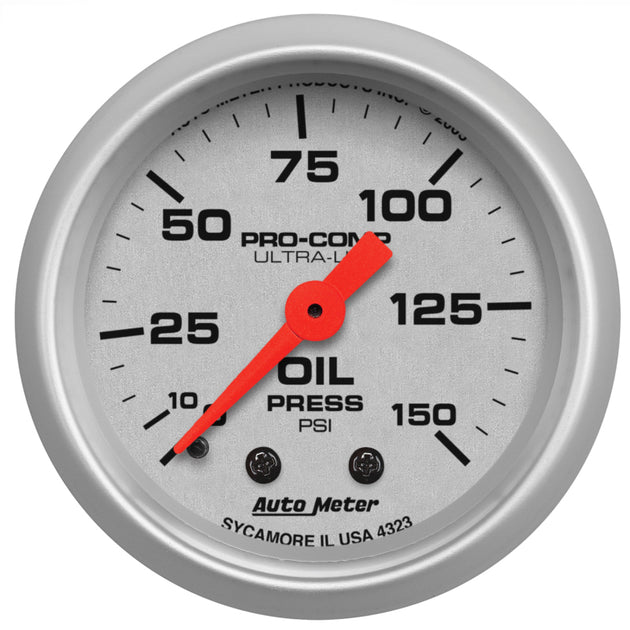 AutoMeter Ultra-Lite 52mm mechanical oil pressure gauge displaying 0-150 PSI with black dial and silver bezel.