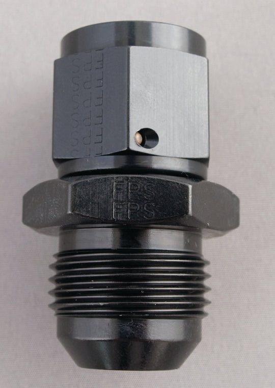 Fragola black -8AN to -6AN male swivel reducer fitting showing threaded connections and swivel joint for automotive or racing use.