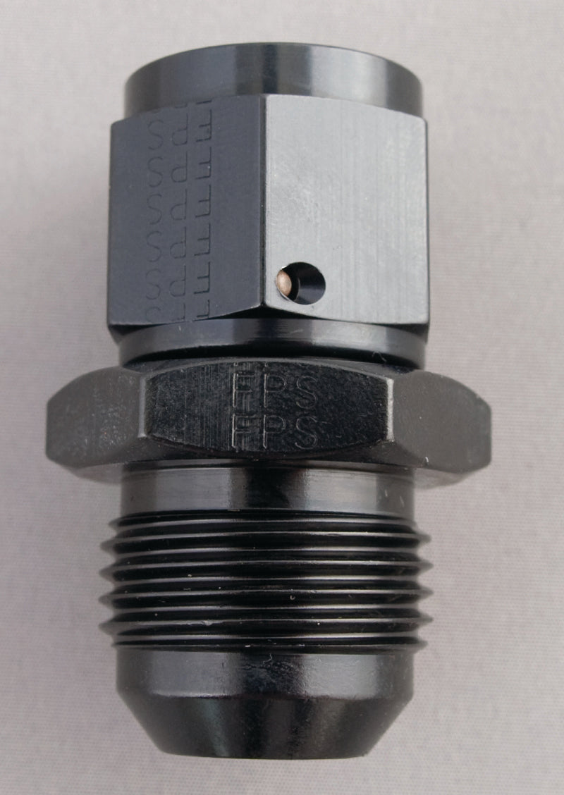 Fragola black -8AN to -6AN male swivel reducer fitting showing threaded connections and swivel joint for automotive or racing use.