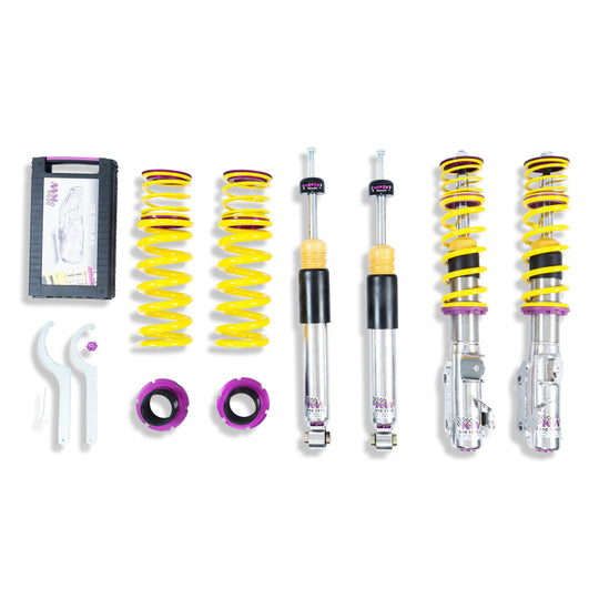 KW Coilover Kit V3 for 2016+ Chevy Camaro 6th Gen, showing adjustable coilover shocks with brand logo and mounting details.