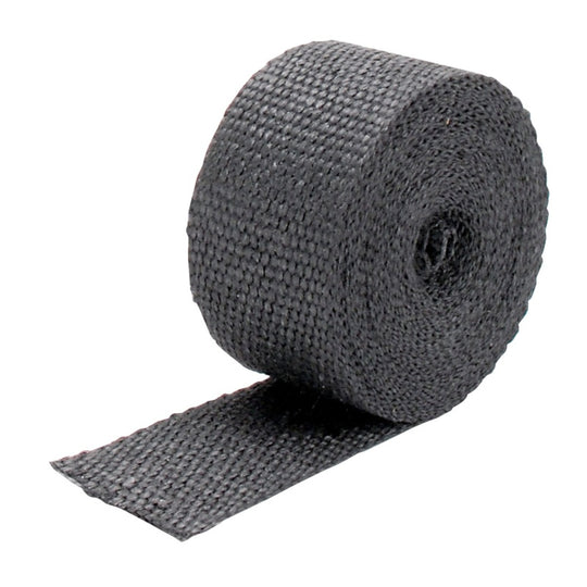 Black DEI Exhaust Wrap 2in x 25ft, heat-resistant wrap for exhaust systems, shown coiled around a vehicle exhaust pipe.