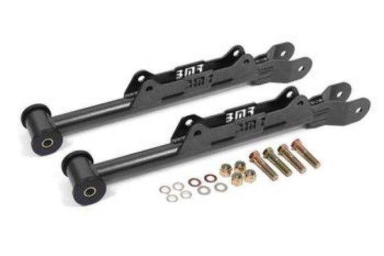 BMR Suspension black hammertone rear DOM lower control arms for 2010-2015 Chevrolet Camaro, showing the sturdy metal construction.