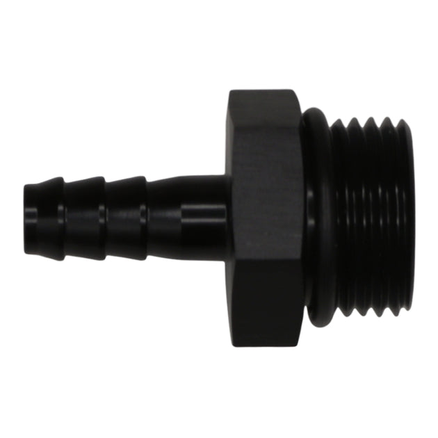 DeatschWerks matte black 10AN ORB male to 5/16-inch male triple barb fitting with O-ring, designed for fuel or fluid lines.