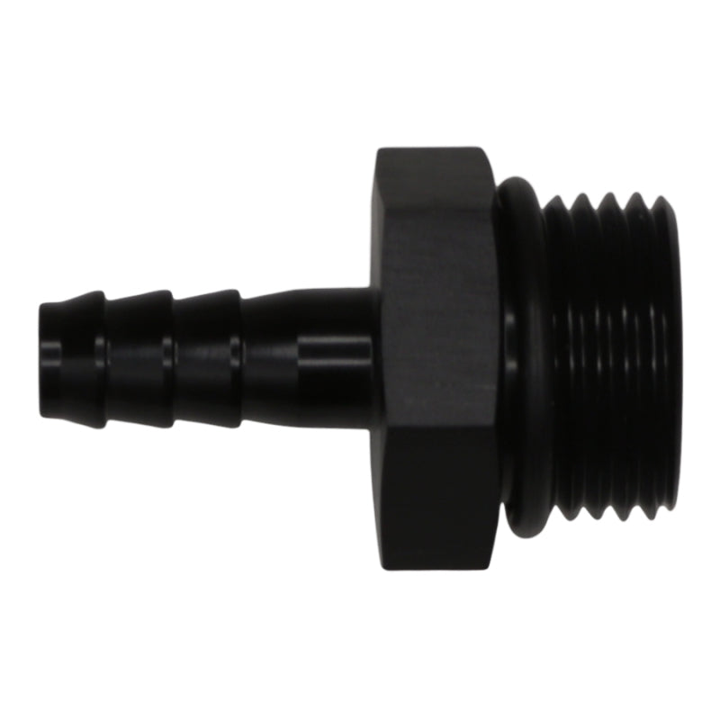 DeatschWerks matte black 10AN ORB male to 5/16-inch male triple barb fitting with O-ring, designed for fuel or fluid lines.