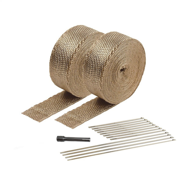 DEI Titanium Exhaust Wrap Kit showing heat-resistant titanium exhaust wrap wound around automotive exhaust pipes.