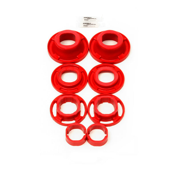 Red BMR Suspension BMR 12-15 5th Gen Camaro rear cradle differential bushings kit with poly inserts for street performance.