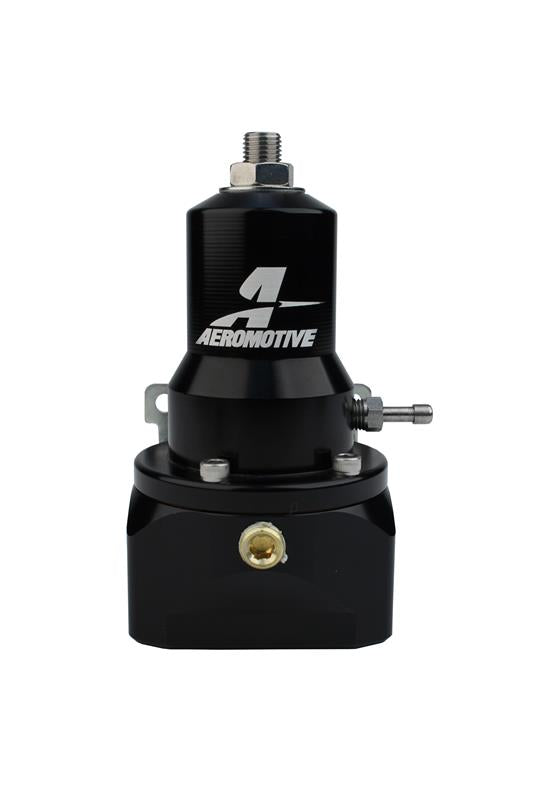 Aeromotive fuel pressure regulator with 30-120 PSI range, .500 valve, two AN-10 inlets, and AN-10 bypass for automotive fuel systems.