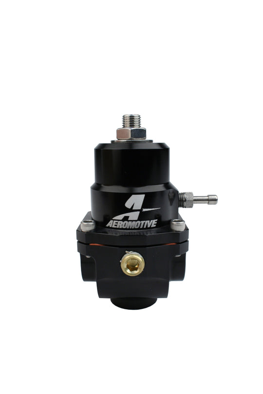 Aeromotive adjustable fuel pressure regulator with 3-15 PSI range, .313 valve, two 08 inlets, and 08 return line.