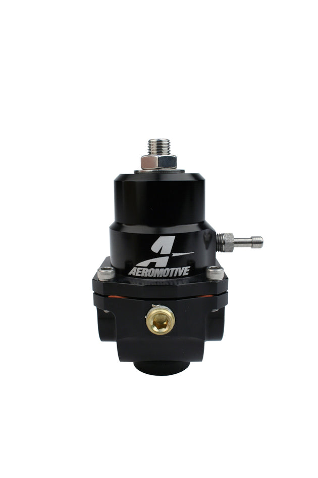 Aeromotive adjustable fuel pressure regulator with 3-15 PSI range, .313 valve, two 08 inlets, and 08 return line.