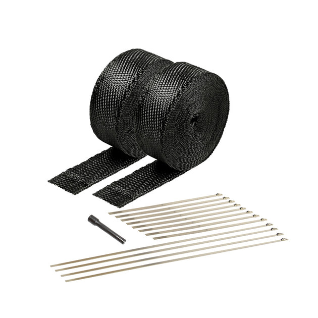 Black titanium DEI exhaust wrap kit with locking ties and tool, designed for high-performance vehicle exhaust systems.