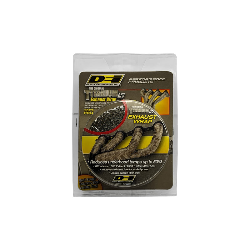 DEI Titanium exhaust wrap, 2-inch by 15-foot, coiled around a car exhaust pipe, designed for heat insulation and performance.