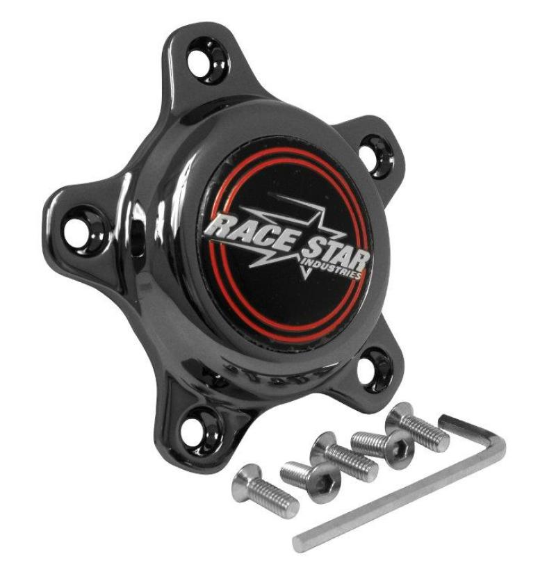 Race Star 5 lug cap with medallion and screws, short plastic dark star design for automotive wheel lug nuts.