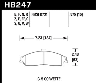 Hawk Performance ceramic street front brake pads for Corvette 97-06 C5 Z06, showing the brake pad with detailed friction surface.