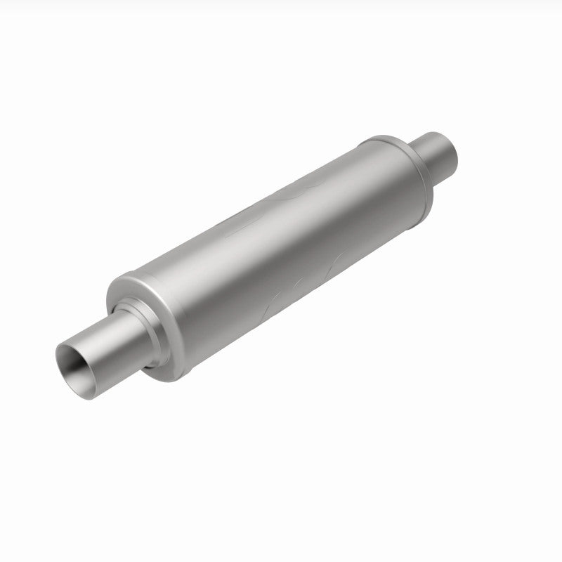 MagnaFlow Mag SS muffler with 14x4x4 inches size, dual inlet and outlet, stainless steel construction, installed on a vehicle.