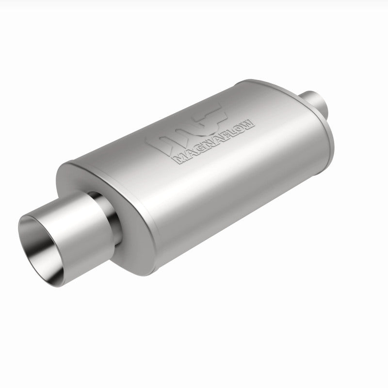 MagnaFlow stainless steel muffler with tip, 14x5x8 inches, featuring a 2.25/4-inch inlet and outlet, visible with polished finish.