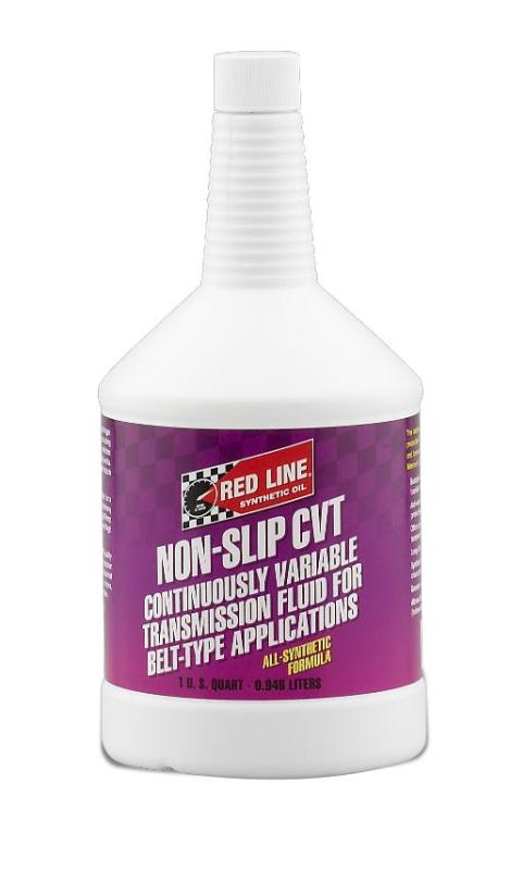 Red Line Non-Slip CVT gear oil quart bottle with red and black labeling for vehicle transmission lubrication.