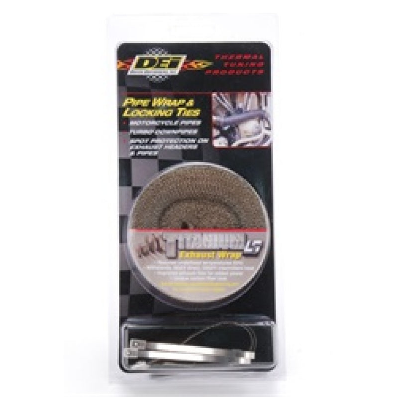 DEI titanium exhaust wrap kit with pipe wrap and locking ties, designed for thermal insulation and heat management on exhaust systems.