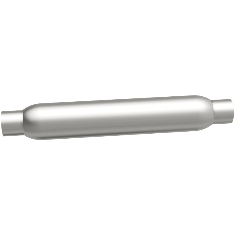 MagnaFlow muffler with 3.5-inch diameter and 18-inch length, featuring dual 2.25-inch inlet and outlet pipes for vehicle exhaust systems.