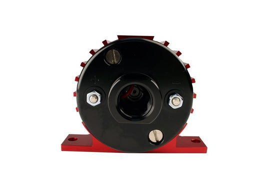 Aeromotive A1000 fuel pump for EFI and carbureted applications, shown in a close-up view with metal construction and connection ports.