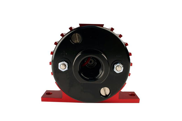 Aeromotive A1000 fuel pump for EFI and carbureted applications, shown in a close-up view with metal construction and connection ports.