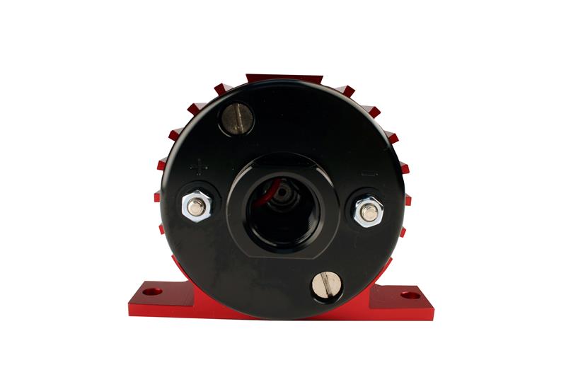 Aeromotive A1000 fuel pump for EFI and carbureted applications, shown in a close-up view with metal construction and connection ports.