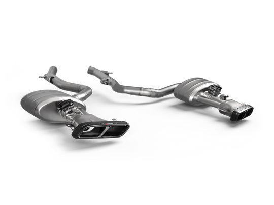 Akrapovic titanium muffler for Mercedes Benz CLE 53 4MATIC Cabriolet, model C236/A236, showcasing sleek exhaust design.