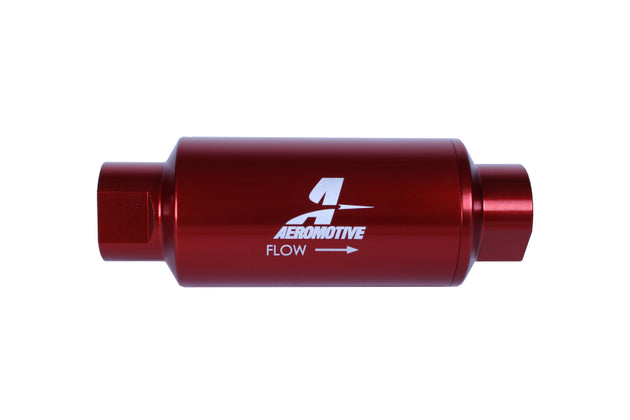 Aeromotive AN-10 inline fuel filter with 10 micron microglass element, red anodized finish, designed for high-performance fuel systems.