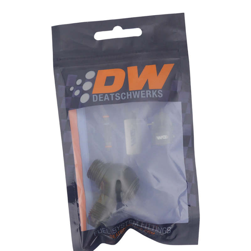 DeatschWerks matte black 6AN ORB male to 6AN male flare low profile 90-degree swivel fitting for automotive use
