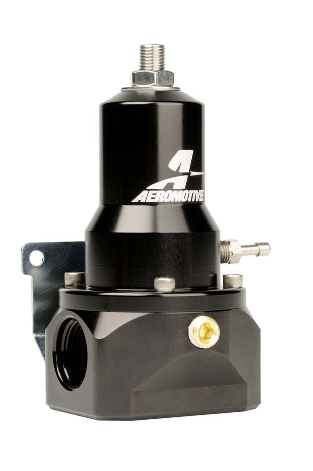 Aeromotive fuel pressure regulator with 30-120 PSI range, .313 valve, dual AN-10 inlets, and AN-10 bypass for automotive fuel systems.