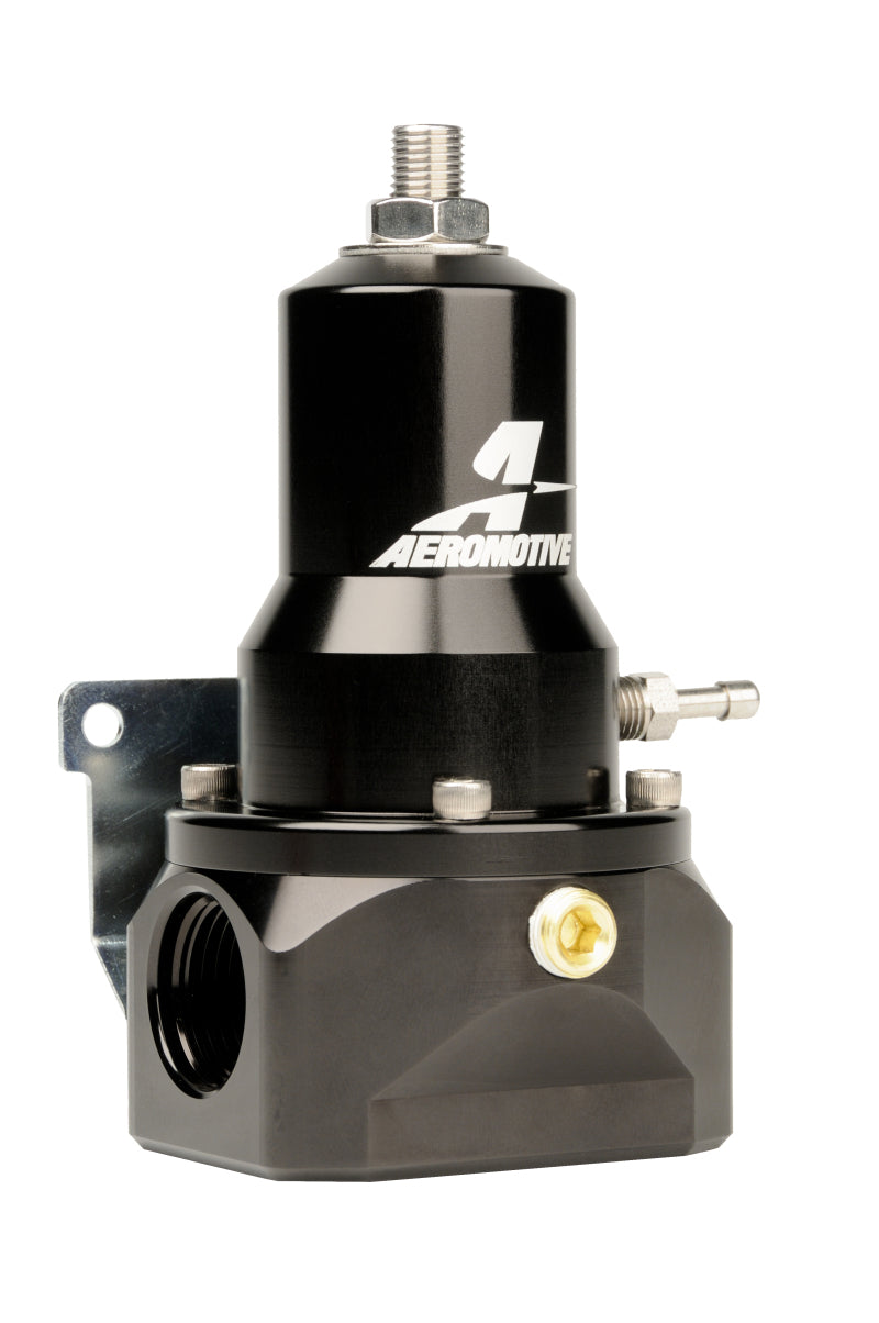 Aeromotive fuel pressure regulator with 30-120 PSI range, .313 valve, dual AN-10 inlets, and AN-10 bypass for automotive fuel systems.