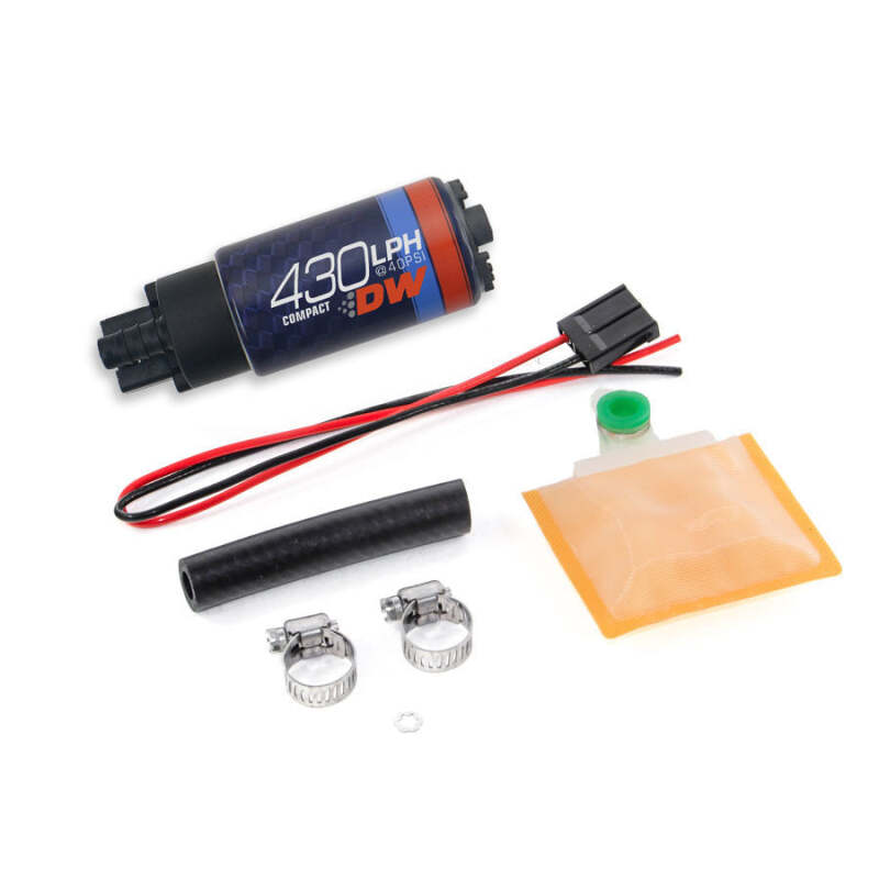 DeatschWerks Universal DW430C 430lph compact fuel pump with install kit, shown with pump and installation components.