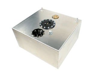Aeromotive 15g Eliminator Stealth fuel cell with black protective casing and mounting brackets for automotive fuel systems.