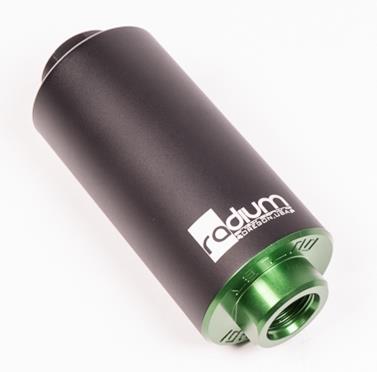 Radium Engineering 100 Micron stainless steel fuel filter with clear housing and metal fittings, designed for automotive fuel filtration systems.