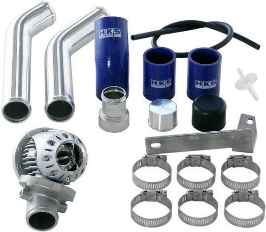 HKS 08+ Evo 10 SSQV4 blow off valve kit with two polished aluminum pipes for turbocharged vehicles.
