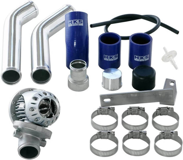 HKS 08+ Evo 10 SSQV4 blow off valve kit with two polished aluminum pipes for turbocharged vehicles.